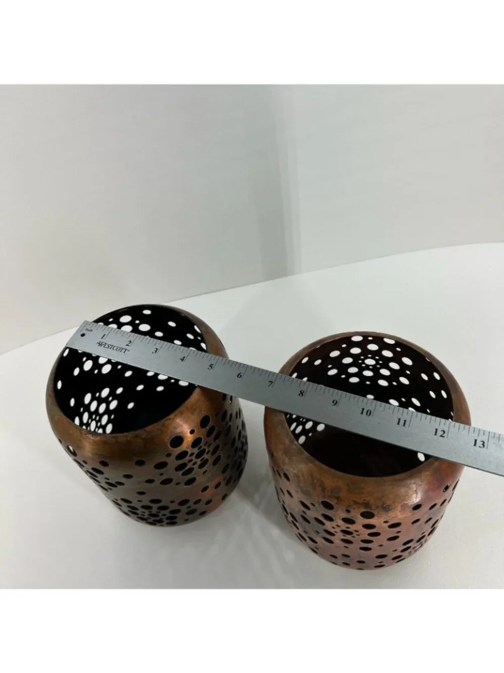 Set of 2 Pierced Copper Metal Candle Holders Votive Lanterns Rustic Decor
